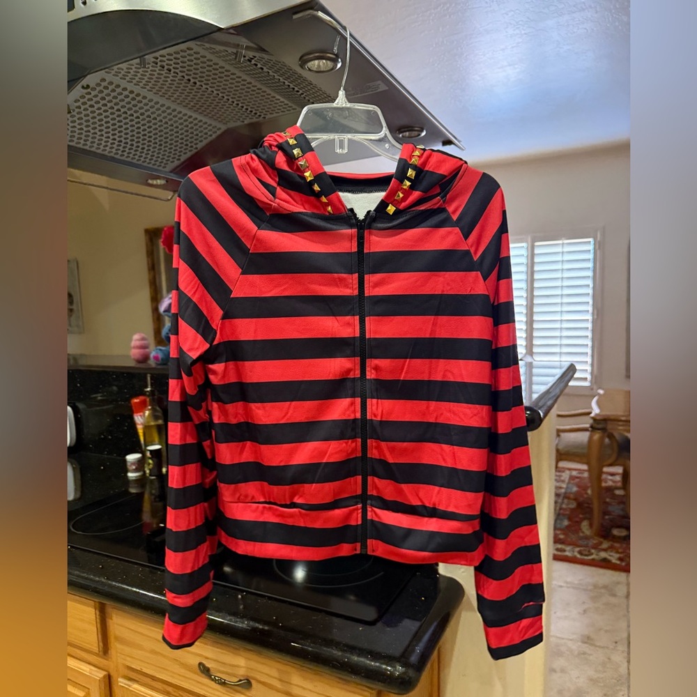 NEW Abbey Dawn Inspired Devil Horns Red Black Striped Hand Studded Hoodie Sz M - Picture 6 of 7